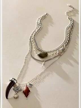 Free People Multi-Layer Silver Tone Necklace with Brown and Red Charms